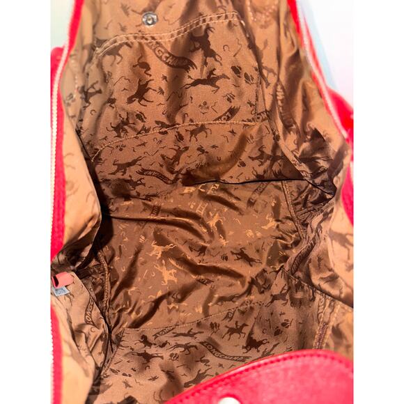 LONGCHAMP Leather Tote Le Pliage Vibrant Red Long Handles Shoulder Bag FRANCE - Picture 5 of 14